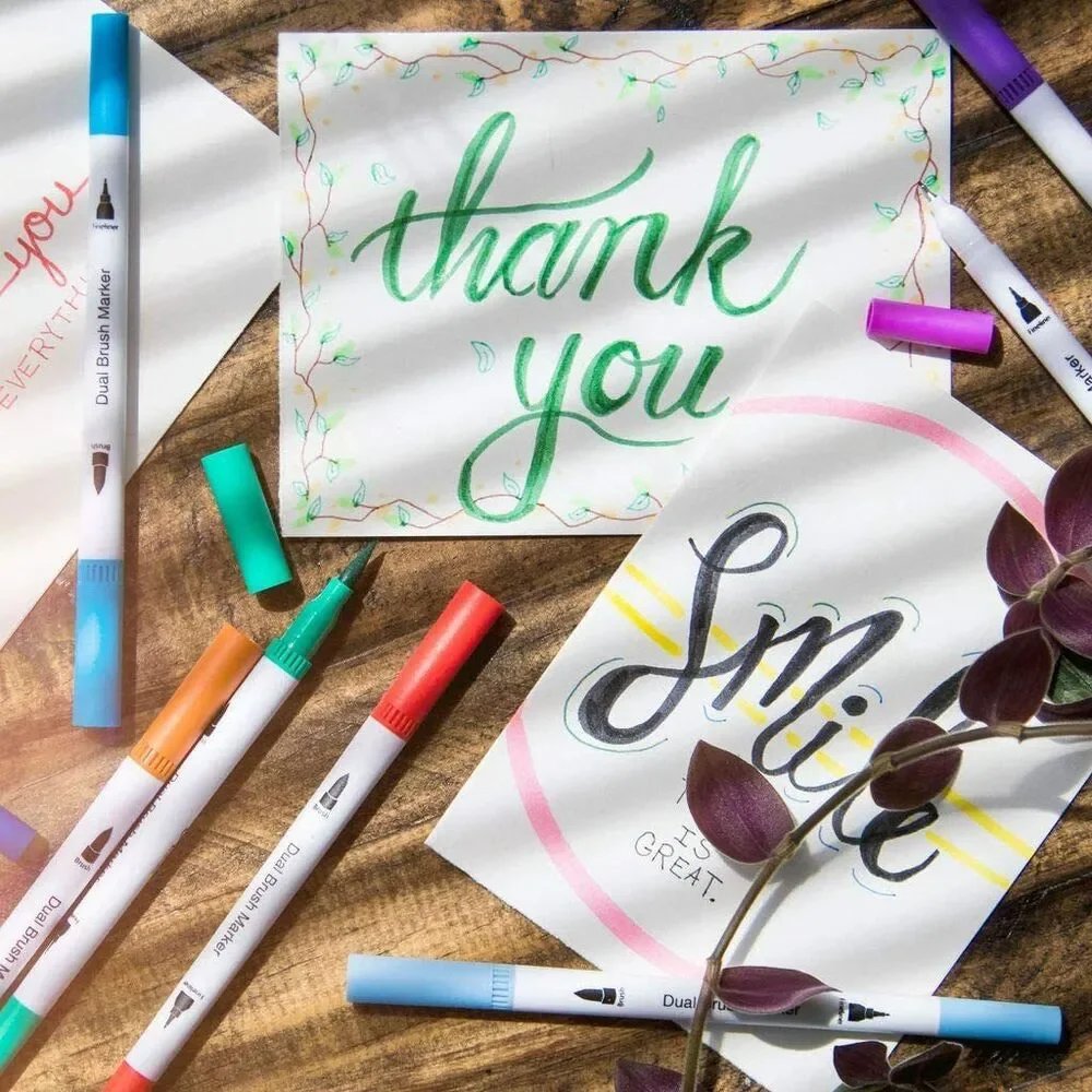 Water Based Art Markers - 16 Colors for Lettering, Coloring, Dual Brush Pens